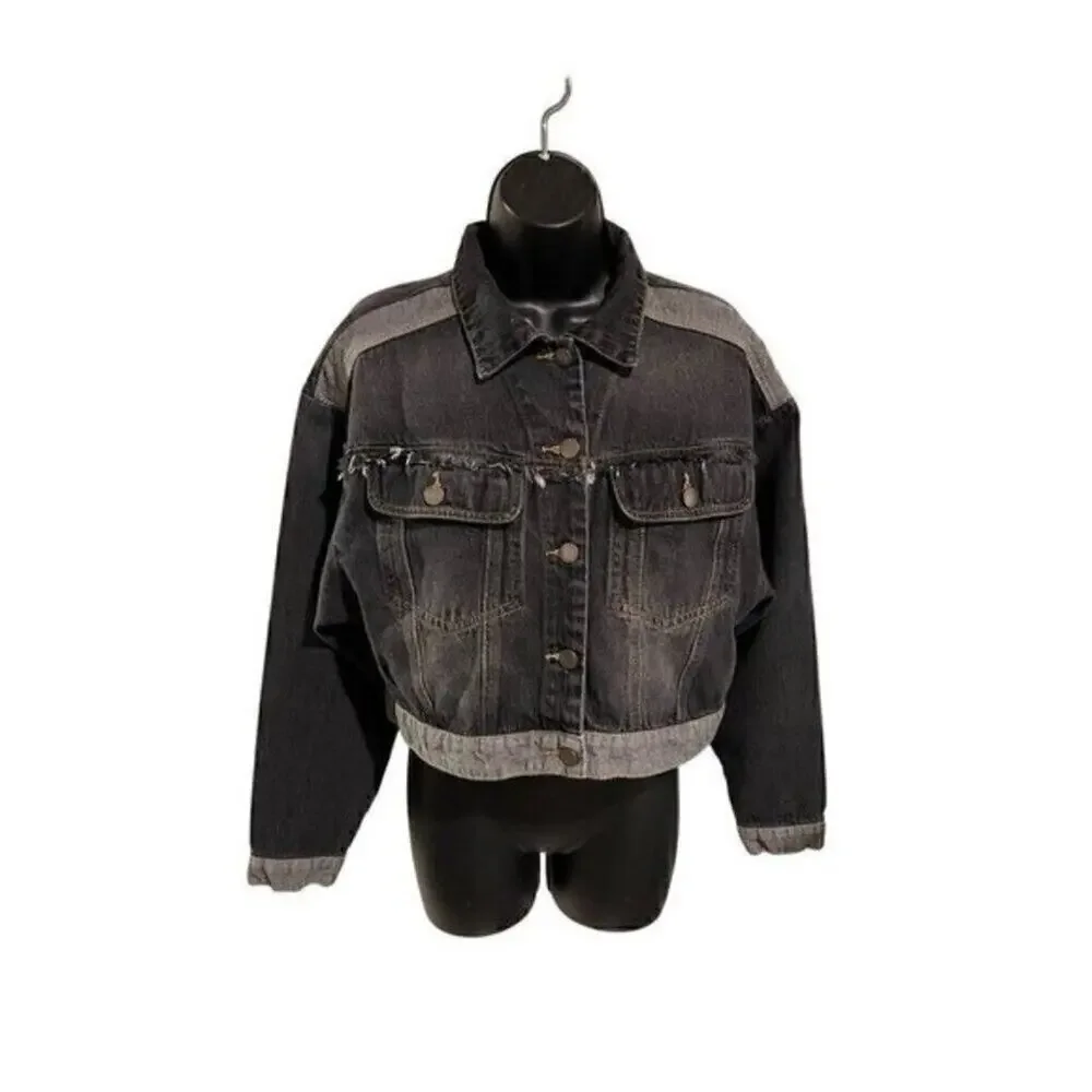 SHEIN Women Black Cropped Denim Jacket Distressed Frayed Hem Trucker Size S